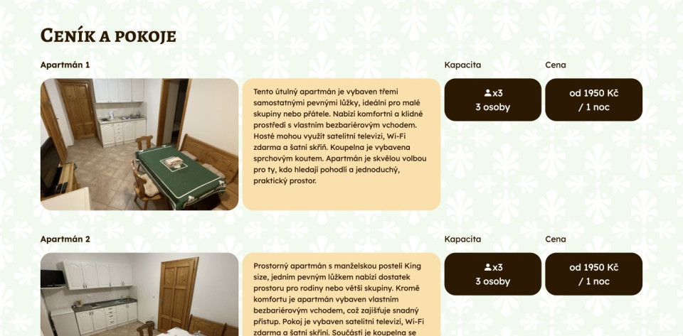 Přehled apartmánů a cen